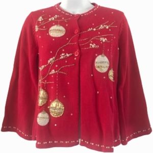 Ugly Christmas Sweater Red Cardigan with Gold Ornaments